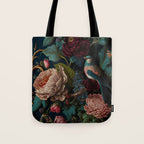 Vintage Bird and Dark Floral Print Tote Bag Gallery Image 1