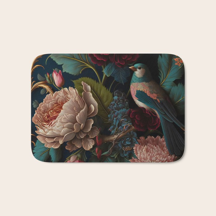 Vintage Bird and Dark Floral Print Bath Mat Gallery Image 1
