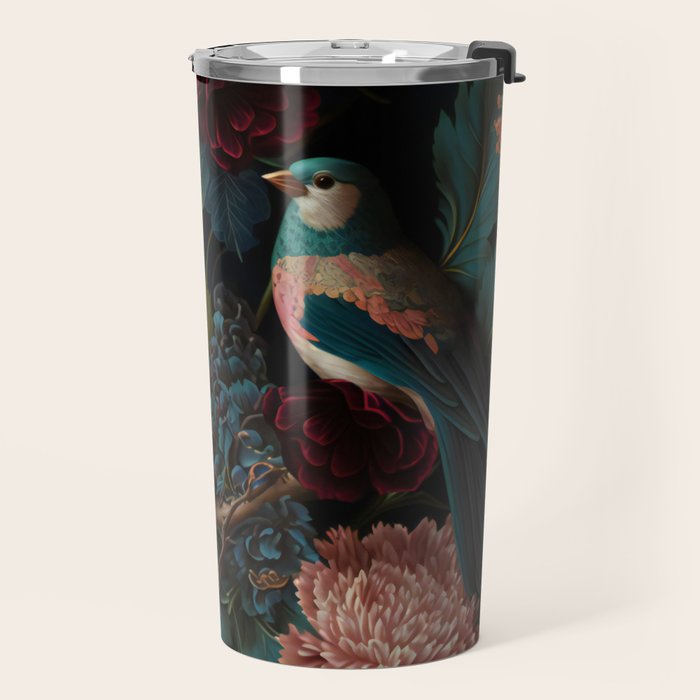 Vintage Bird and Dark Floral Print Travel Mug Gallery Image 2