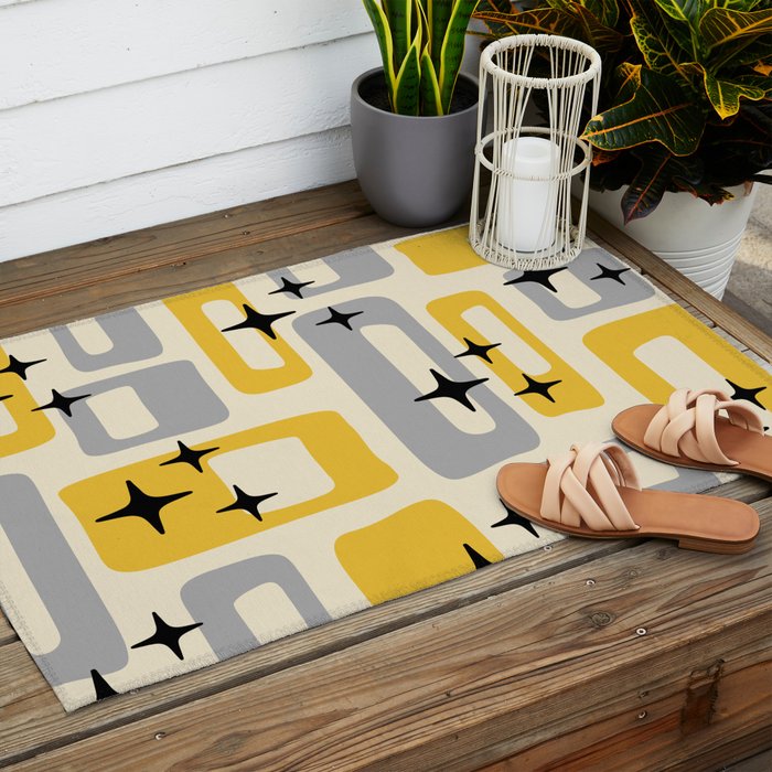 Retro Mid Century Modern Abstract Pattern 226 Yellow and Gray Outdoor Rug Gallery Image 2