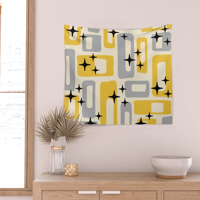 Retro Mid Century Modern Abstract Pattern 226 Yellow and Gray Wall Tapestry Gallery Image 2