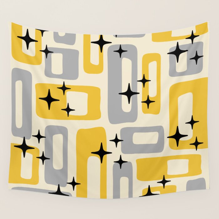Retro Mid Century Modern Abstract Pattern 226 Yellow and Gray Wall Tapestry Gallery Image 1