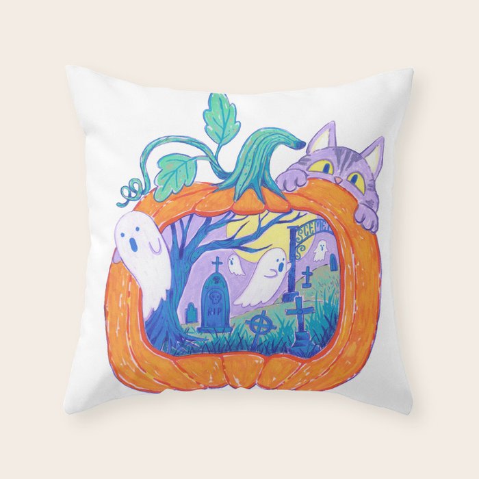 Halloween Pumpkin Graveyard Throw Pillow Gallery Image 1