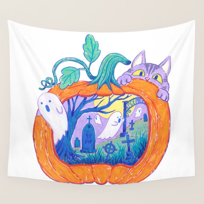 Halloween Pumpkin Graveyard Wall Tapestry Gallery Image 1