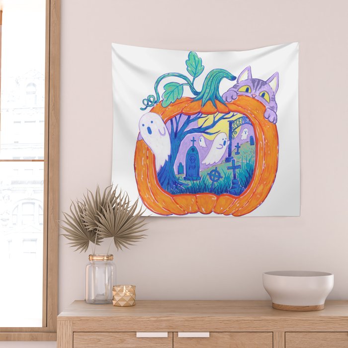 Halloween Pumpkin Graveyard Wall Tapestry Gallery Image 2