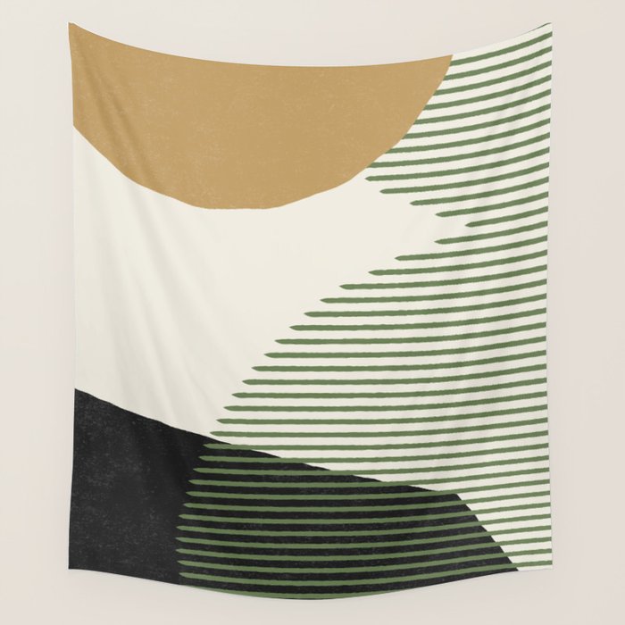 Lines Color Shapes - Gold Green Black Wall Tapestry Gallery Image 4