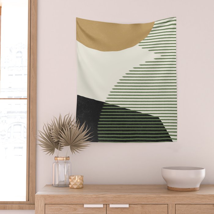 Lines Color Shapes - Gold Green Black Wall Tapestry Gallery Image 2