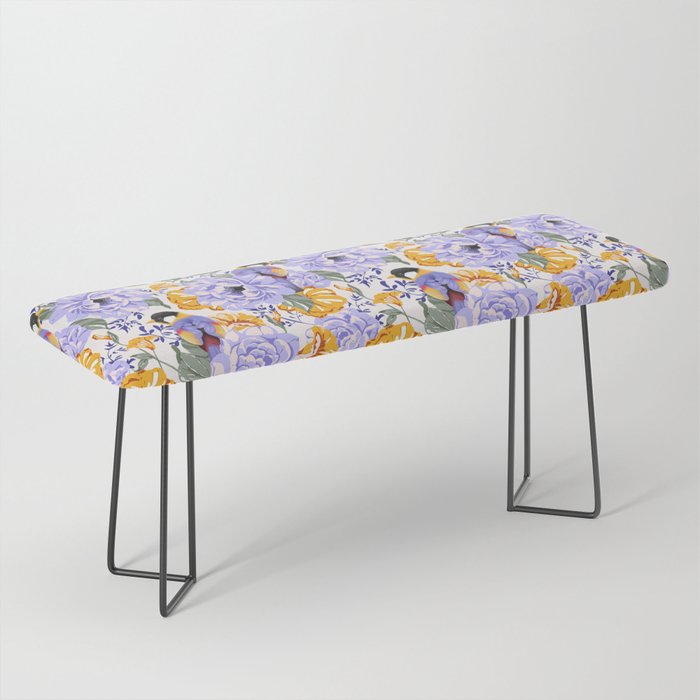 Colorful birds in garden flowers YL Bench Gallery Image 1