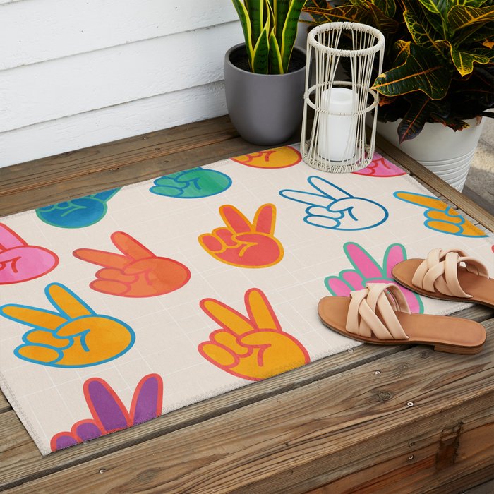 Peace And Victory Hand Sign In Rainbow Colours Pattern Outdoor Rug Gallery Image 2