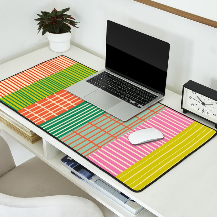 Finnish Patchwork Stripes Pattern Orange Green Pink Chartreuse Desk Mat Gallery Image 2