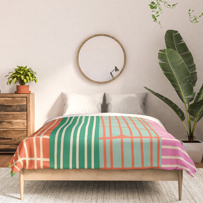 Finnish Patchwork Stripes Pattern Orange Green Pink Chartreuse Comforter Gallery Image 3