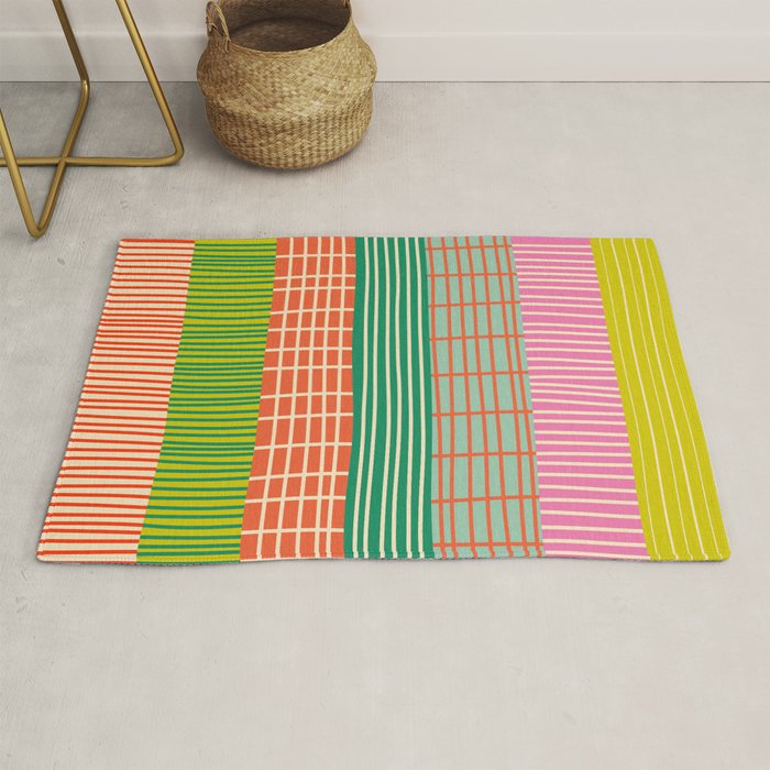 Finnish Patchwork Stripes Pattern Orange Green Pink Chartreuse Rug Gallery Image 1