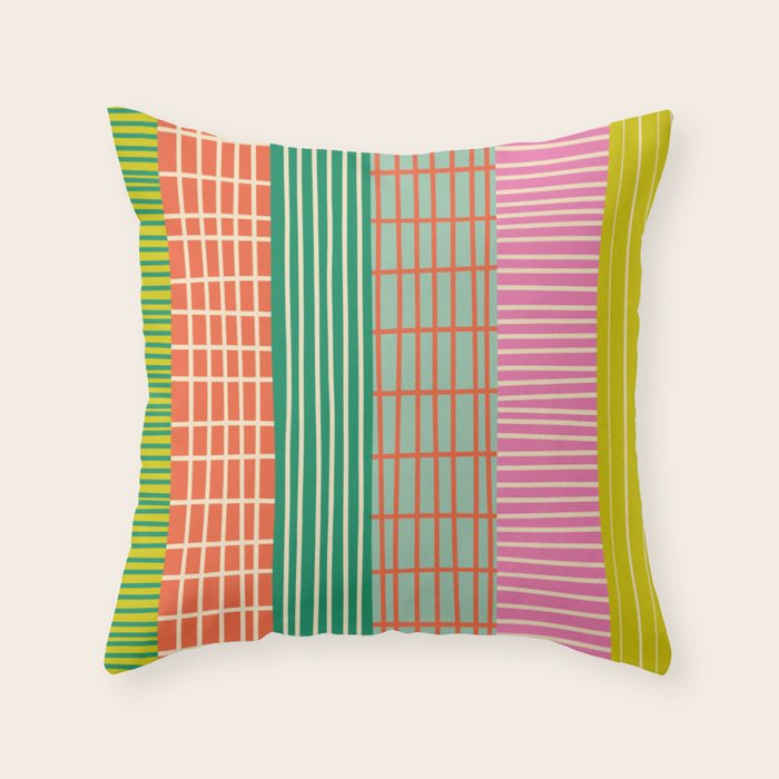 Finnish Patchwork Stripes Pattern Orange Green Pink Chartreuse Throw Pillow Gallery Image 1