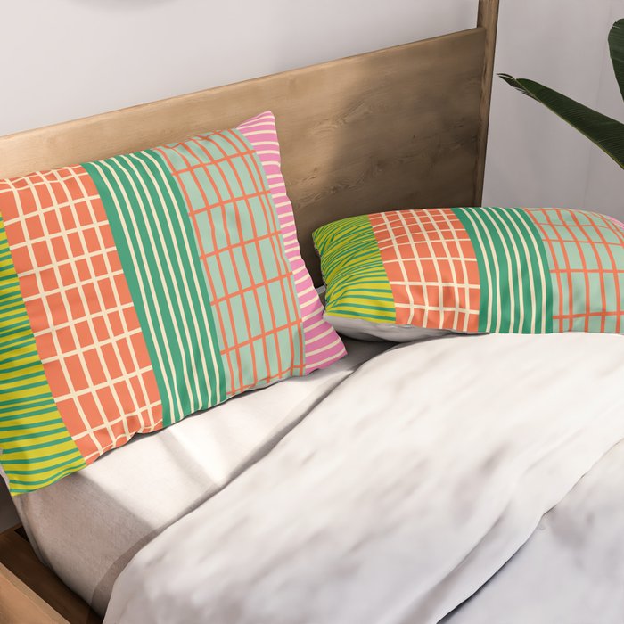 Finnish Patchwork Stripes Pattern Orange Green Pink Chartreuse Pillow Sham Gallery Image 2