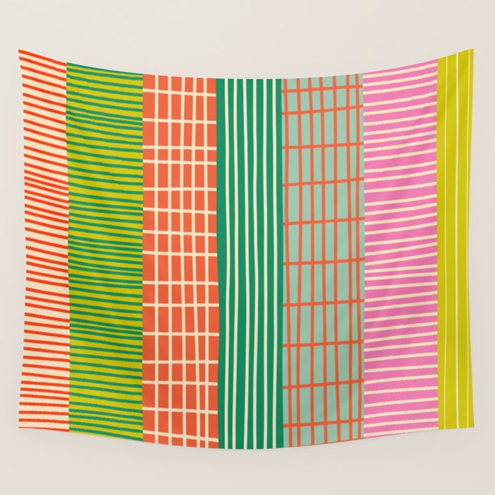 Finnish Patchwork Stripes Pattern Orange Green Pink Chartreuse Wall Tapestry Gallery Image 4