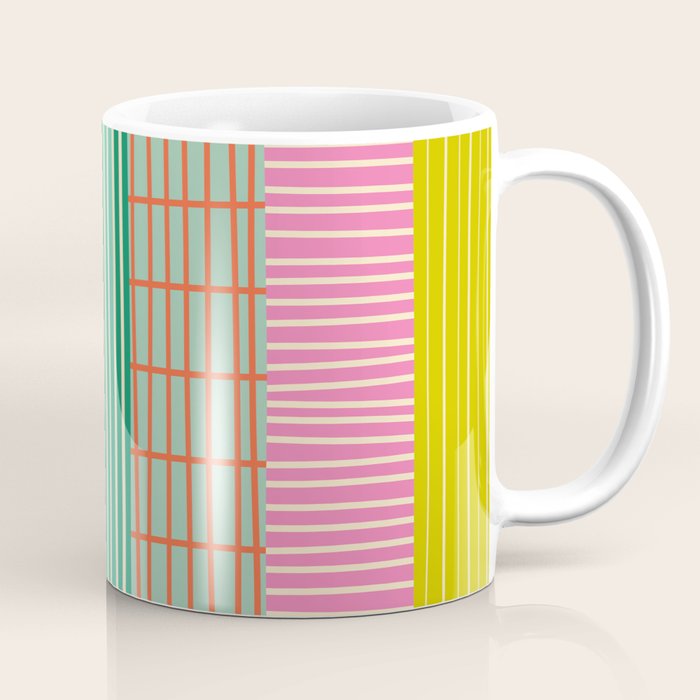Finnish Patchwork Stripes Pattern Orange Green Pink Chartreuse Coffee Mug Gallery Image 1