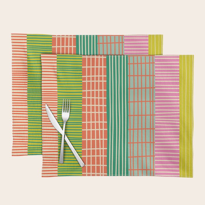 Finnish Patchwork Stripes Pattern Orange Green Pink Chartreuse Placemat Gallery Image 1