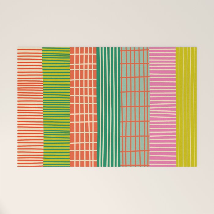 Finnish Patchwork Stripes Pattern Orange Green Pink Chartreuse Welcome Mat Gallery Image 1