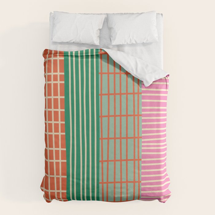 Finnish Patchwork Stripes Pattern Orange Green Pink Chartreuse Duvet Cover Gallery Image 6
