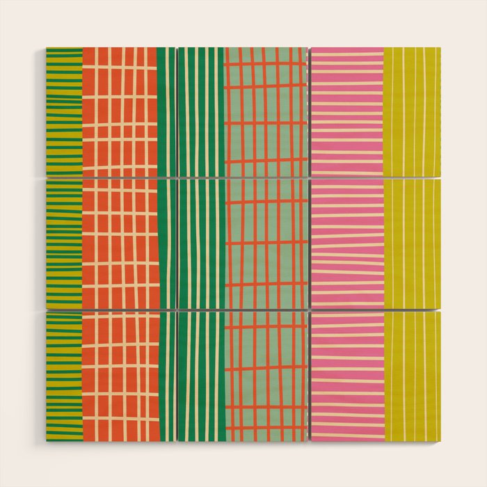 Finnish Patchwork Stripes Pattern Orange Green Pink Chartreuse Wood Wall Art Gallery Image 1