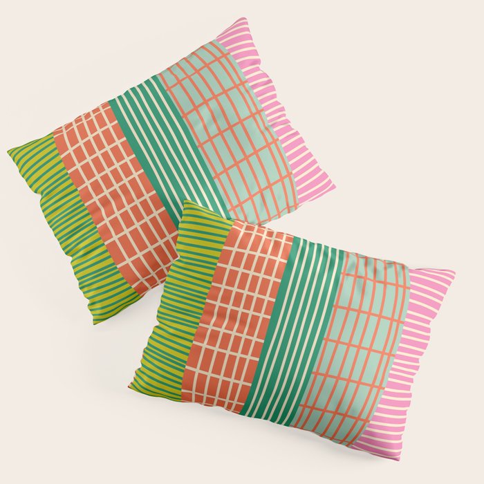 Finnish Patchwork Stripes Pattern Orange Green Pink Chartreuse Pillow Sham Gallery Image 3