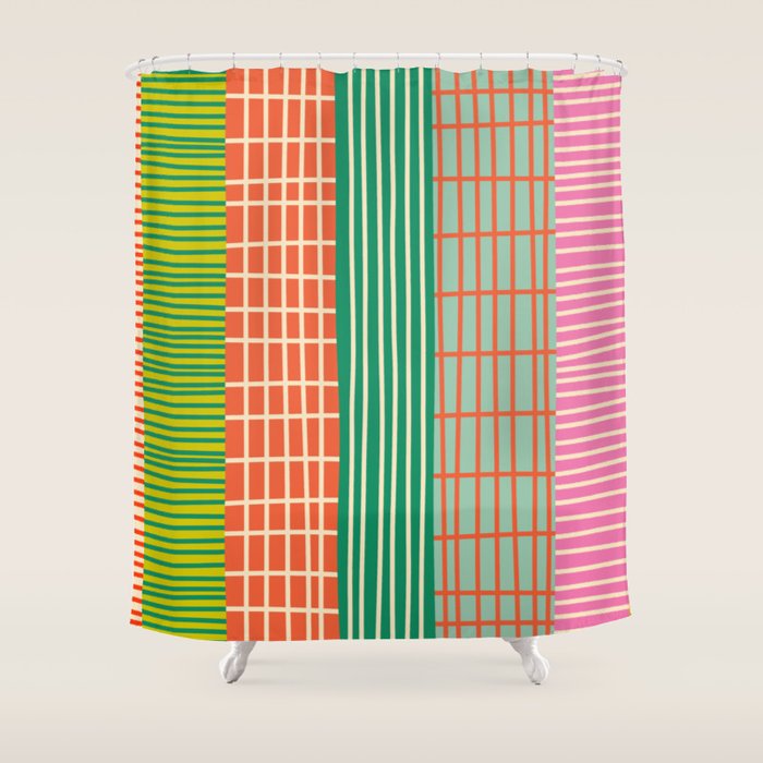 Finnish Patchwork Stripes Pattern Orange Green Pink Chartreuse Shower Curtain Gallery Image 1