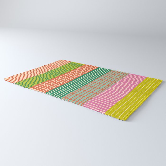 Finnish Patchwork Stripes Pattern Orange Green Pink Chartreuse Rug Gallery Image 3