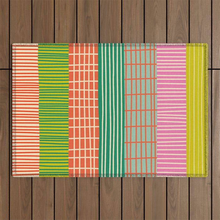 Finnish Patchwork Stripes Pattern Orange Green Pink Chartreuse Outdoor Rug Gallery Image 1