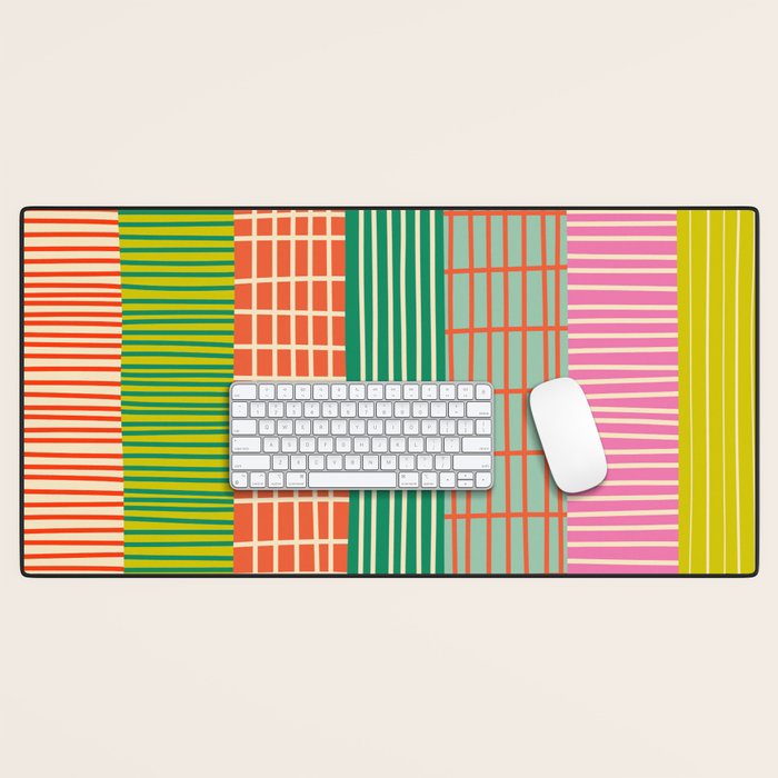 Finnish Patchwork Stripes Pattern Orange Green Pink Chartreuse Desk Mat Gallery Image 1