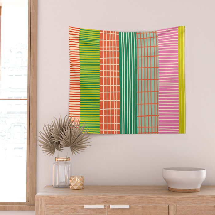 Finnish Patchwork Stripes Pattern Orange Green Pink Chartreuse Wall Tapestry Gallery Image 2