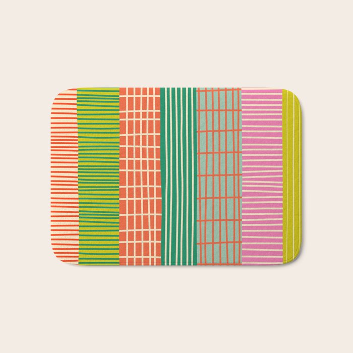 Finnish Patchwork Stripes Pattern Orange Green Pink Chartreuse Bath Mat Gallery Image 1