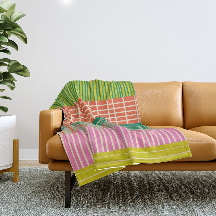 Finnish Patchwork Stripes Pattern Orange Green Pink Chartreuse Throw Blanket Gallery Image 1