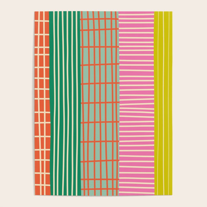 Finnish Patchwork Stripes Pattern Orange Green Pink Chartreuse Poster Gallery Image 4