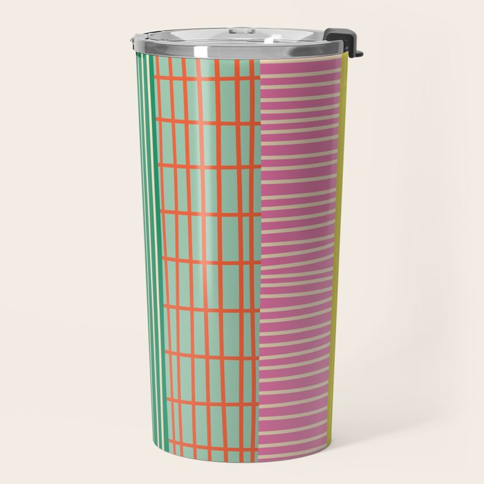Finnish Patchwork Stripes Pattern Orange Green Pink Chartreuse Travel Mug Gallery Image 2