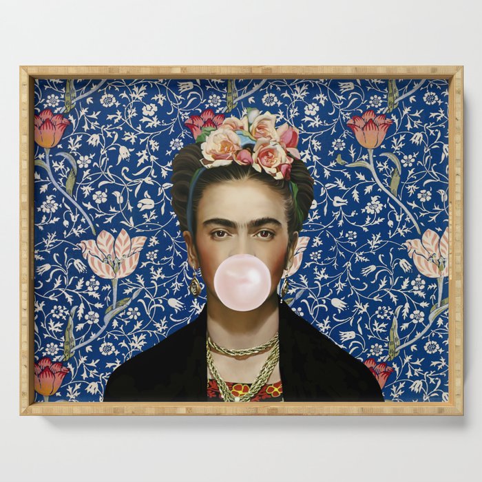 Woman  Blowing a pink Bubble gum with vintage Medway tapestry Serving Tray Gallery Image 1