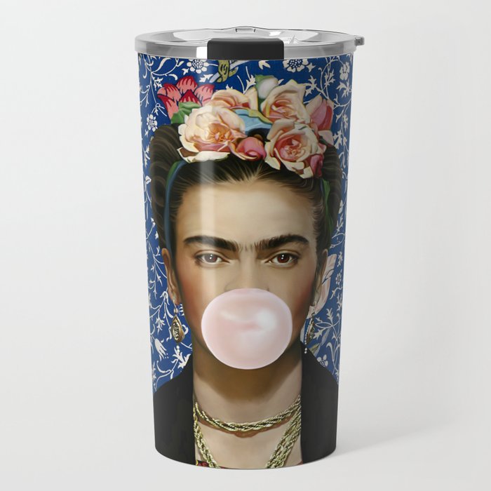 Woman  Blowing a pink Bubble gum with vintage Medway tapestry Travel Mug Gallery Image 1