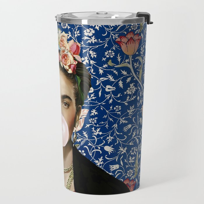 Woman  Blowing a pink Bubble gum with vintage Medway tapestry Travel Mug Gallery Image 2