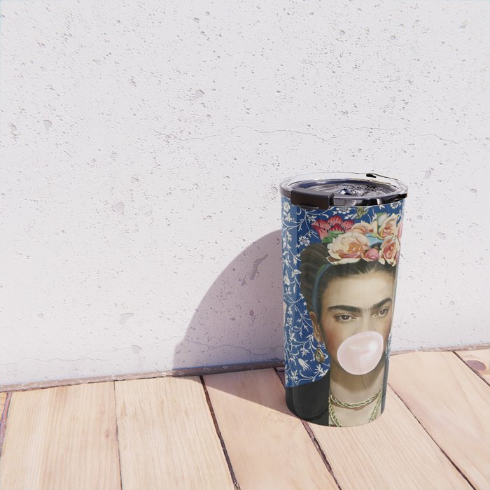 Woman  Blowing a pink Bubble gum with vintage Medway tapestry Travel Mug Gallery Image 4
