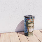 Woman  Blowing a pink Bubble gum with vintage Medway tapestry Travel Mug Gallery Image 4