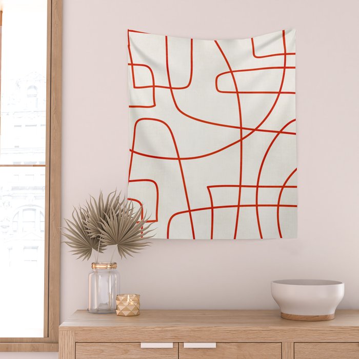 Red Line Art Abstract Minimalist Artwork Wall Tapestry Gallery Image 2
