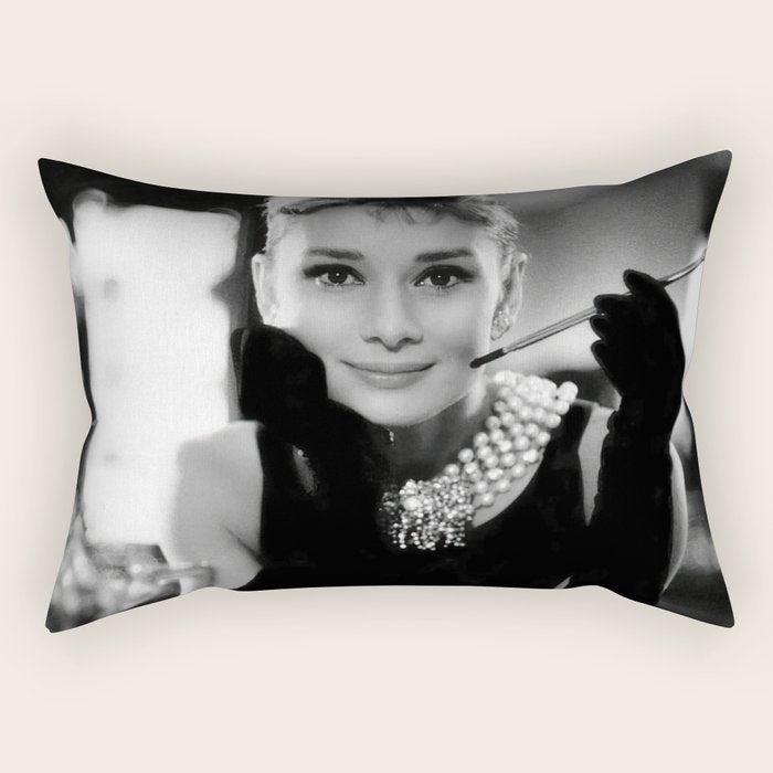 Audrey Hepburn, Tiara, Jewelry, Black and White Wall Art Rectangular Pillow Gallery Image 2