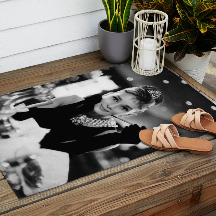 Audrey Hepburn, Tiara, Jewelry, Black and White Wall Art Outdoor Rug Gallery Image 2