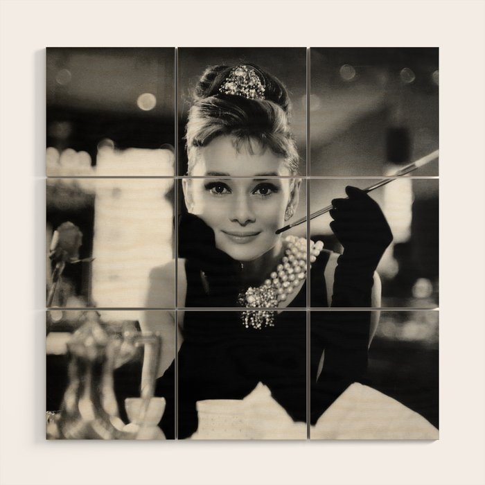 Audrey Hepburn, Tiara, Jewelry, Black and White Wall Art Wood Wall Art Gallery Image 1