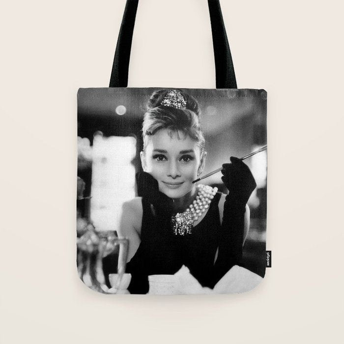 Audrey Hepburn, Tiara, Jewelry, Black and White Wall Art Tote Bag Gallery Image 1