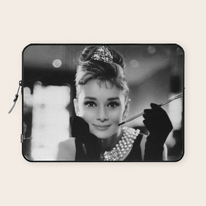 Audrey Hepburn, Tiara, Jewelry, Black and White Wall Art Laptop Sleeve Gallery Image 1