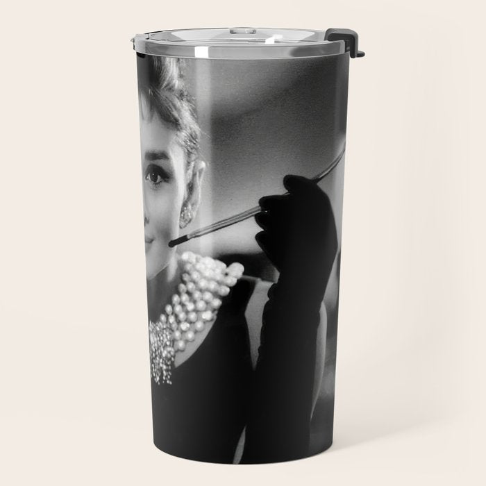 Audrey Hepburn, Tiara, Jewelry, Black and White Wall Art Travel Mug Gallery Image 2