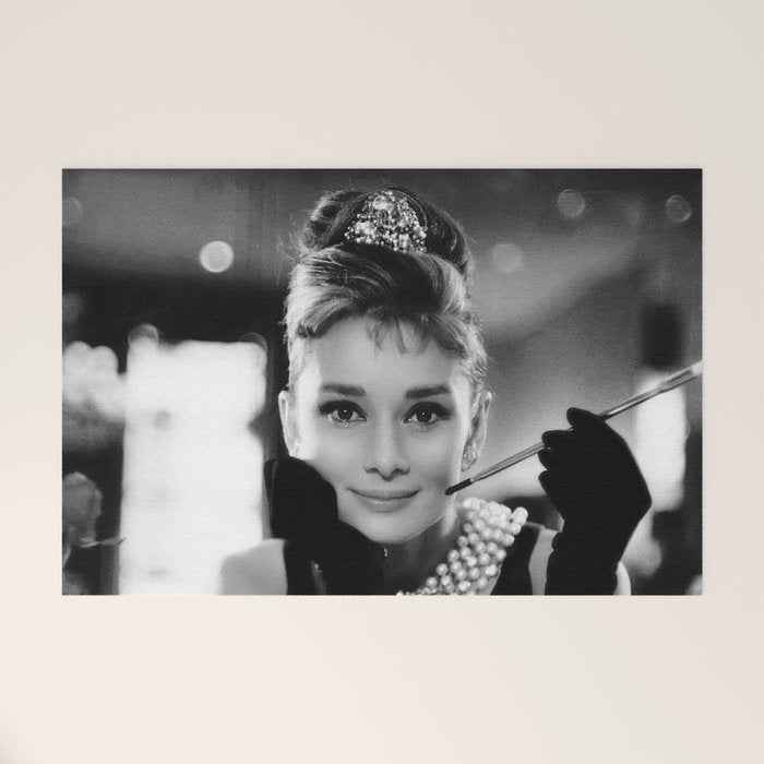 Audrey Hepburn, Tiara, Jewelry, Black and White Wall Art Welcome Mat Gallery Image 1