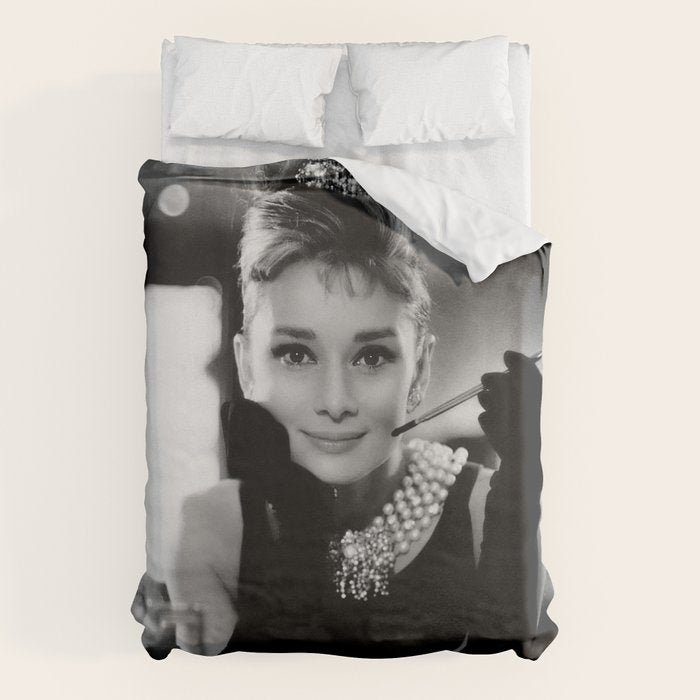 Audrey Hepburn, Tiara, Jewelry, Black and White Wall Art Duvet Cover Gallery Image 1