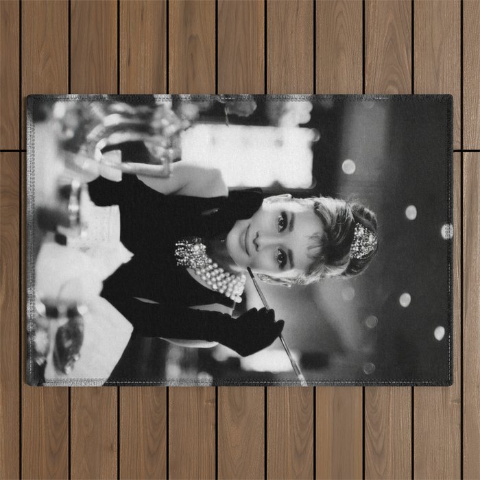 Audrey Hepburn, Tiara, Jewelry, Black and White Wall Art Outdoor Rug Gallery Image 1