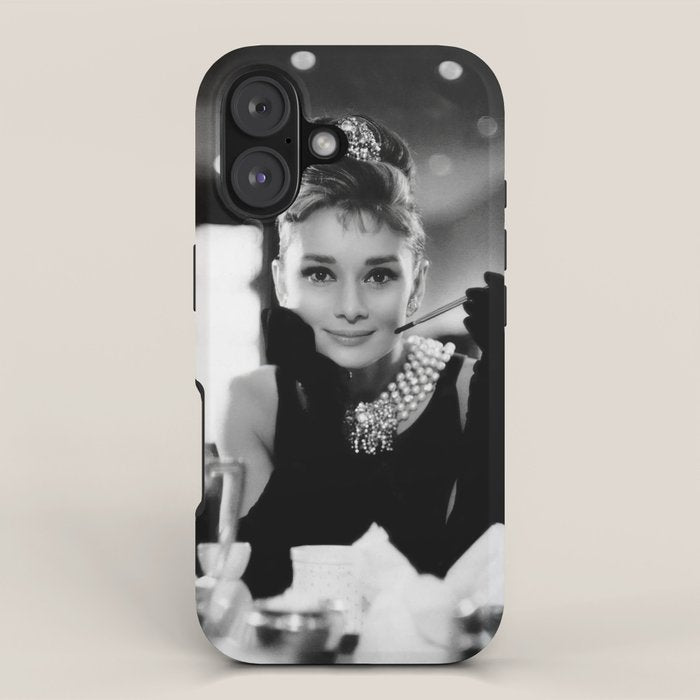 Audrey Hepburn, Tiara, Jewelry, Black and White Wall Art iPhone Case Gallery Image 1